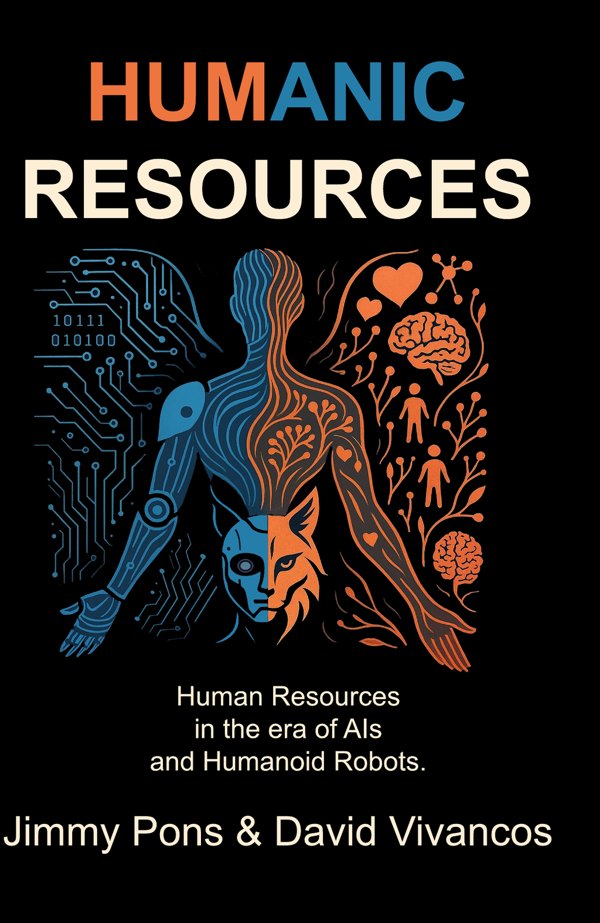 Cover of Humanic Resources: a figure that is half blue circuitry, half orange nature, with the face of a lynx
