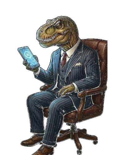 The Enterprisaurus: a dinosaur in a pinstripe suit, sitting in an office chair looking at his phone