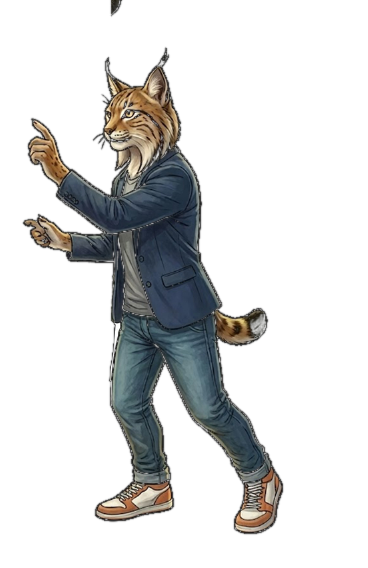 The Lynxarian: a lynx in a blazer, jeans and sneakers, striding forward