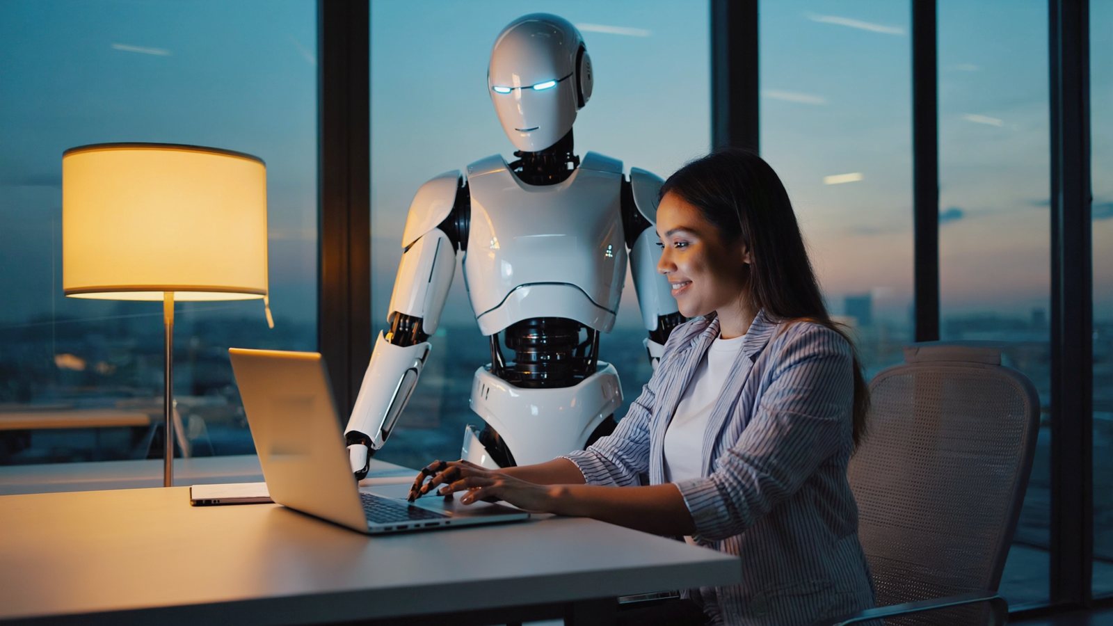 A humanoid robot and a professional working together on a laptop in an office at dusk