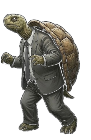 The Tortusarian: a tortoise in a grey suit, walking slowly
